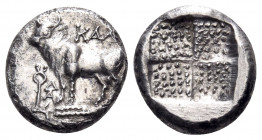 BITHYNIA. Kalchedon. Circa 367/6-340 BC. Drachm (Silver, 14.5 mm, 3.76 g), Rhodian standard. KAΛX Bull standing left on grain ear; to left, kerykeion ...