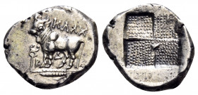 BITHYNIA. Kalchedon. Circa 367/6-340 BC. Drachm (Silver, 16 mm, 3.65 g), Rhodian standard. KAΛX Bull standing left on grain ear; to left, kerykeion an...