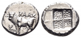 BITHYNIA. Kalchedon. Circa 367/6-340 BC. Drachm (Silver, 15 mm, 3.81 g), Rhodian standard. KAΛX Bull standing left on grain ear; to left, kerykeion an...