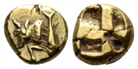 MYSIA. Kyzikos. Circa 600-550 BC. Hekte (Electrum, 10.5 mm, 2.72 g). Forepart of a bull running left; behind, tunny downwards. Rev. Quadripartite incu...