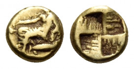 MYSIA. Kyzikos. Circa 500-450 BC. 1/24 Stater (Electrum, 6 mm, 0.70 g). Dionysos seated left, holding kantharos in his right hand; below, tunny to lef...