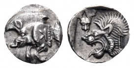 MYSIA. Kyzikos. Circa 450-400 BC. Hemiobol (Silver, 9.5 mm, 0.42 g, 9 h). Forepart of a boar left, retrograde K on its shoulder; to right, tunny upwar...