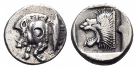 MYSIA. Kyzikos. Circa 450-400 BC. Diobol (Silver, 11 mm, 1.19 g, 6 h). Forepart of a boar running to left; to right, tunny fish swimming upwards. Rev....