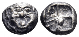 MYSIA. Parion. 5th century BC. Drachm (Silver, 14 mm, 3.80 g). Facing gorgoneion with protruding tongue. Rev. Rough, quadripartite incuse square. SNG ...