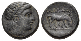 TROAS. Alexandreia. Circa 281-261 BC. (Bronze, 15 mm, 4.67 g, 11 h). Laureate head of Apollo to right. Rev. ΑΛΕΞΑΝ/[ΔΡΕΩΝ] Horse grazing right; betwee...