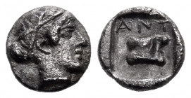 TROAS. Antandros. late 5th century BC. Hemiobol (Silver, 6 mm, 0.28 g, 8 h). Head of Artemis Astyrene to right, her hair held with a criss-cross band....