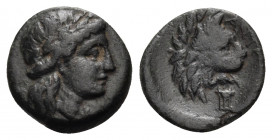 TROAS. Antandros. Circa 350-340 BC. (Bronze, 12 mm, 1.37 g, 12 h). Laureate head of Apollo to right. Rev. ANTANΔΡ Head of lion to right, slightly faci...