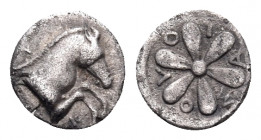AEOLIS. Kyme. 4th century BC. Hemiobol (Silver, 7.5 mm, 0.32 g). K-Y Forepart of horse to right. Rev. Σ-O-Λ-O-T-A Rosette of six petals. Cf. CNG E296,...