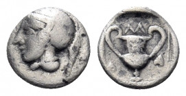 LESBOS. Methymna. Circa 450/40-406/379 BC. Obol (Silver, 8 mm, 0.47 g, 6 h). Head of Athena to left, wearing crested Attic helmet. Rev. M-A-Θ Kantharo...