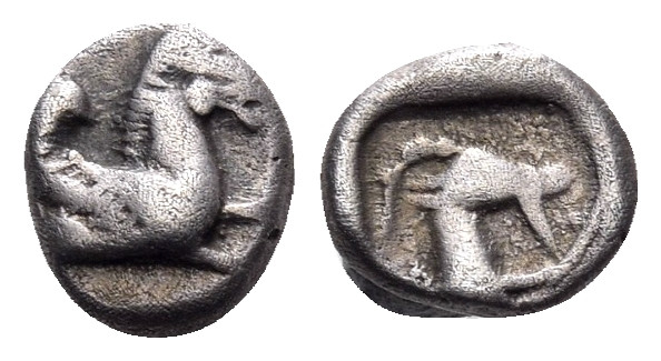 CARIA. Halikarnassos. 5th century BC. Obol (Silver, 8 mm, 0.72 g, 9 h). Forepart...