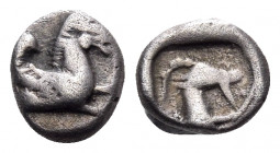 CARIA. Halikarnassos. 5th century BC. Obol (Silver, 8 mm, 0.72 g, 9 h). Forepart of Pegasos to right. Rev. Forepart of goat to right within irregular ...