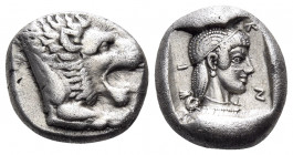 CARIA. Knidos. Circa 465-449 BC. Drachm (Silver, 16 mm, 6.02 g, 9 h). Forepart of lion to right, with open jaws and protruding tongue. Rev. Κ-Ν-Ι Head...