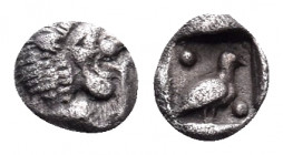 CARIA. Mylasa. Circa 420-390 BC. Tetartemorion (Silver, 6 mm, 0.22 g, 7 h). Forepart of a roaring lion to left, head turned back to the right. Rev. Bi...