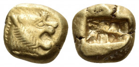 KINGS OF LYDIA. Alyattes II to Kroisos, circa 610-546 BC. Trite (Electrum, 13 mm, 4.73 g), Sardes. Head of lion to right, with open jaws and with a su...