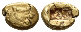 KINGS OF LYDIA. Alyattes II to Kroisos, circa 610-546 BC. Trite (Electrum, 13.5 mm, 4.71 g), Sardes. Head of lion to right, with open jaws and with a ...