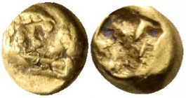 KINGS OF LYDIA. Kroisos, circa 560-546 BC. 1/24 Stater (Gold, 5 mm, 0.26 g), Light standard, Sardes. Confronted foreparts of, on the left, a lion with...