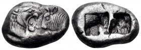 KINGS OF LYDIA. Kroisos, Circa 560-546 BC. Half Stater (Silver, 17 mm, 5.32 g), Sardes, circa 550-546. Confronted foreparts of a lion, on the left and...