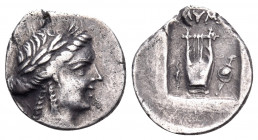 LYCIAN LEAGUE. Circa 167-100 BC. Drachm (Silver, 16 mm, 2.06 g, 1 h), Olympia. Laureate head of Apollo to right. Rev. ΟΛΥΜΠΗ Kithara; to left, torch; ...