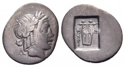LYCIA, Lycian League. Masikytes. Circa 128/7-19/8 BC. Hemidrachm (Silver, 18 mm, 1.62 g, 1 h). Λ-Υ Laureate head of Apollo to right. Rev. M-A Lyre; to...