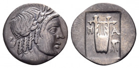 LYCIA, Lycian League. Masikytes. Circa 128/7-19/8 BC. Hemidrachm (Silver, 15.5 mm, 1.38 g, 12 h). [Λ-Υ] Laureate head of Apollo to right. Rev. M-A Lyr...