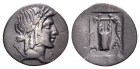 LYCIA, Lycian League. Masikytes. 19/8 BC-AD 43. Hemidrachm (Silver, 15 mm, 1.31 g, 12 h). M-A Laureate head of Apollo to right, bow (?) over far shoul...