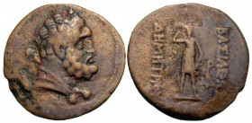 BAKTRIA, Greco-Baktrian Kingdom. Demetrios I, circa 200-185 BC. Dichalkon (Bronze, 25 mm, 6.85 g, 12 h). Diademed bust of Herakles to right, lion's sk...