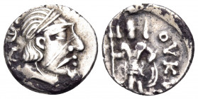 DAHAE. Hyrcodes, late 1st century BC. Drachm (Silver, 14 mm, 1.32 g, 11 h), Soldier issue. ΔΘ[...] Diademed and draped male bust to right. Rev. [...]O...