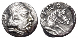 DAHAE. Hyrcodes, late 1st century BC. Drachm (Silver, 11 mm, 1.04 g, 2 h), Horse Protome issue. ΘΔ[...] ( the Δ inverted ) Diademed and draped male bu...