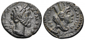 MESOPOTAMIA. Uncertain mint. Commodus, 177-192. Hemiassarion (Bronze, 16 mm, 2.05 g, 6 h), Edessa?. ΑY ΚΑΙCΑΡ ΚΟΜΟΔΟC Laureate head of Commodus to rig...