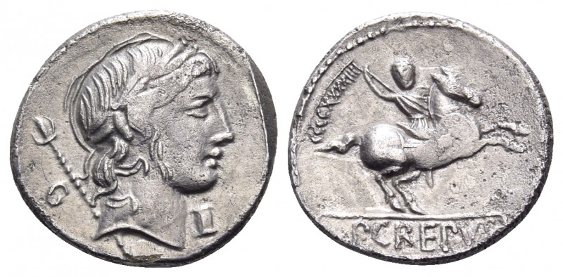 P. Crepusius, 82 BC. Denarius (Silver, 17 mm, 3.47 g, 8 h), Rome. Laureate head ...