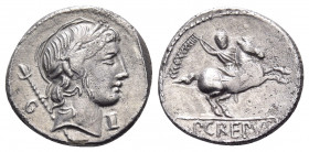 P. Crepusius, 82 BC. Denarius (Silver, 17 mm, 3.47 g, 8 h), Rome. Laureate head of Apollo to right, with scepter on his far shoulder; below chin, alta...