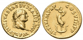 Titus, 79-81. Aureus (Gold, 18.5 mm, 6.63 g, 11 h), Rome, 80. IMP TITVS CΛES VESPΛSIΛN ΛVG P M Laureate head of Titus to right. Rev. TR P IX IMP XV CO...