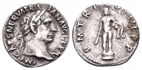 Trajan, 98-117. Denarius (Silver, 18 mm, 3.23 g, 6 h), Rome, 100. IMP CAES NERVA TRAIAN AVG GERM Laureate bust of Trajan to right, slight drapery on l...