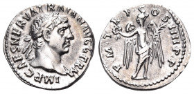 Trajan, 98-117. Denarius (Silver, 18 mm, 3.32 g, 6 h), Rome, 101-102. IMP CAES NERVA TRAIAN AVG GERM Laureate head of Trajan to right. Rev. P M TR P C...