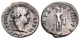 Trajan, 98-117. Denarius (Silver, 18 mm, 3.54 g, 6 h), Rome, 101-102. IMP CAES NERVA TRAIAN AVG GERM Laureate head of Trajan to right. Rev. P M TR P C...