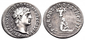 Trajan, 98-117. Denarius (Silver, 19 mm, 3.41 g, 7 h), Rome, 103-107. IMP TRAIANO AVG GER DAC P M TR P P COS V P P Laureate bust of Trajan to right, s...