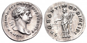 Trajan, 98-117. Denarius (Silver, 19.5 mm, 3.17 g, 6 h), Rome, 103-107. IMP TRAIANO AVG GER DAC P M TR P COS V P P Laureate bust of Trajan to right, l...