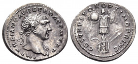 Trajan, 98-117. Denarius (Silver, 19 mm, 3.18 g, 6 h), Rome, circa 107-108. IMP TRAIANO AVG GER DAC P M TR P Laureate bust of Trajan to right, slight ...
