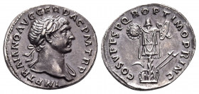 Trajan, 98-117. Denarius (Silver, 19 mm, 3.21 g, 7 h), Rome, circa 107-108. IMP TRAIANO AVG GER DAC P M TR P Laureate bust of Trajan to right, slight ...