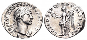 Trajan, 98-117. Denarius (Silver, 18 mm, 3.28 g, 6 h), Rome, circa 107-108. IMP TRAIANO AVG GER DAC P M TR P Laureate bust of Trajan to right, slight ...