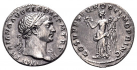 Trajan, 98-117. Denarius (Silver, 19 mm, 3.64 g, 7 h), Rome, circa 107-108. IMP TRAIANO AVG GER DAC P M TR P Laureate bust of Trajan to right, slight ...