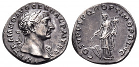 Trajan, 98-117. Denarius (Silver, 18.5 mm, 3.26 g, 7 h), Rome, circa 107-108. IMP TRAIANO AVG GER DAC P M TR P Laureate bust of Trajan to right, sligh...