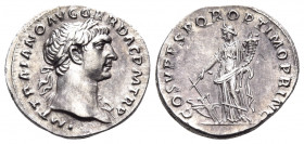 Trajan, 98-117. Denarius (Silver, 18.5 mm, 3.42 g, 7 h), Rome, circa 107-108. IMP TRAIANO AVG GER DAC P M TR P Laureate bust of Trajan to right, sligh...
