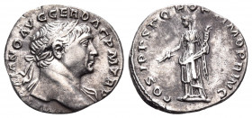 Trajan, 98-117. Denarius (Silver, 18 mm, 3.26 g, 6 h), Rome, circa 108-109. IMP TRAIANO AVG GER DAC P M TR P Laureate bust of Trajan to right, slight ...