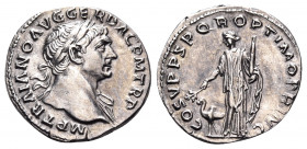 Trajan, 98-117. Denarius (Silver, 18.5 mm, 3.38 g, 7 h), Rome, circa 110. IMP TRAIANO AVG GER DAC P M TR P Laureate bust of Trajan to right, slight dr...