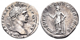 Trajan, 98-117. Denarius (Silver, 19 mm, 3.13 g, 7 h), Rome, circa 110. IMP TRAIANO AVG GER DAC P M TR P Laureate head of Trajan to right. Rev. COS V ...