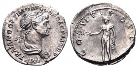 Trajan, 98-117. Denarius (Silver, 19 mm, 3.15 g, 6 h), Rome, 112-114. IMP TRAIANO OPTIMO AVG GER DAC P M TR P Laureate and draped bust of Trajan to ri...