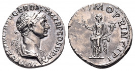 Trajan, 98-117. Denarius (Silver, 18 mm, 3.27 g, 7 h), Rome, spring 113 - summer 114. IMP TRAIANO AVG GER DAC P M TR P COS VI P P Laureate and draped ...