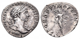 Trajan, 98-117. Denarius (Silver, 19 mm, 3.41 g, 8 h), Rome, 112-114. IMP TRAIANO AVG GER DAC P M TR P COS VI P P Laureate bust of Trajan to right, ae...