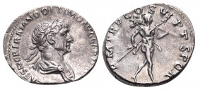 Trajan, 98-117. Denarius (Silver, 19 mm, 3.39 g, 7 h), Rome, 114-116. IMP CAES NER TRAIANO OPTIMO AVG GER DAC Laureate and draped bust of Trajan to ri...